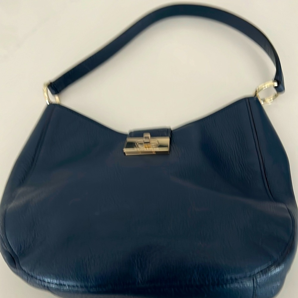 Kate Spade Navy Leather Handbag with Brass Clasp